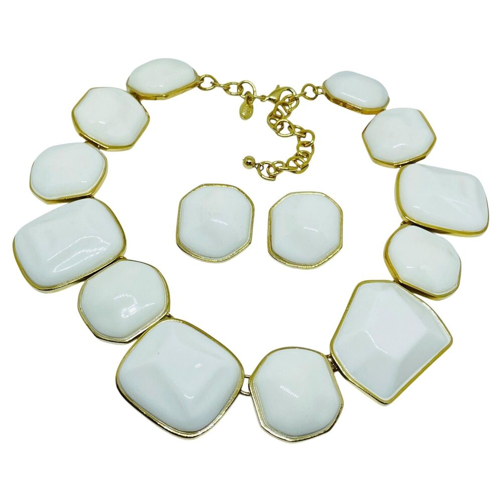 KJL KENNETH JAY LANE vintage gold white designer statement necklace earrings set